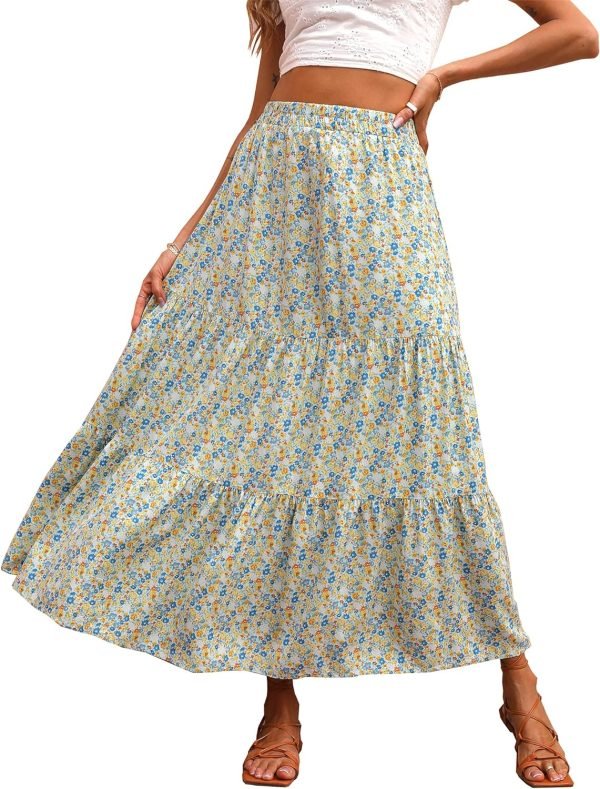 Saonta  Womens 2024 Spring Summer High Waist Boho Floral Maxi Skirt Casual Flowy Swing Pleated A Line Beach Long Skirts