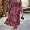 Saonta  Women 2024 Fall Dress Floral Boho Dress Casual Long Sleeve Crew Neck Ruffle A-Line Flowy Wedding Guest Maxi Dresses