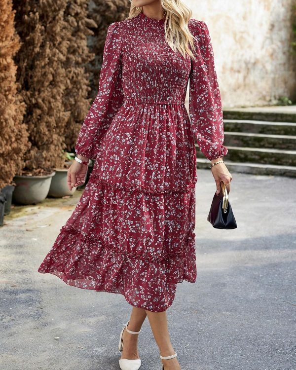 Saonta  Women 2024 Fall Dress Floral Boho Dress Casual Long Sleeve Crew Neck Ruffle A-Line Flowy Wedding Guest Maxi Dresses