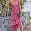 Saonta Womens Summer Floral One Shoulder Tiered Ruffle Flowy Midi Beach Boho Dress
