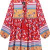 Saonta  Womens Long Sleeve Floral Casual Print Cotton Mini Tunic Dress
