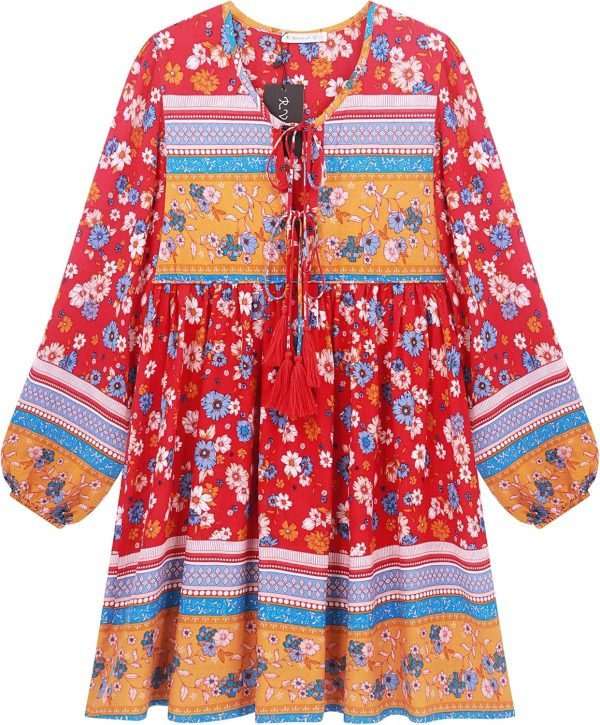 Saonta  Womens Long Sleeve Floral Casual Print Cotton Mini Tunic Dress