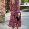 Saonta  Women 2024 Fall Dress Floral Boho Dress Casual Long Sleeve Crew Neck Ruffle A-Line Flowy Wedding Guest Maxi Dresses