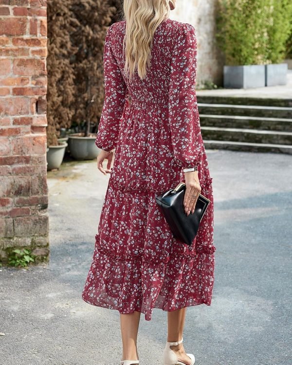 Saonta  Women 2024 Fall Dress Floral Boho Dress Casual Long Sleeve Crew Neck Ruffle A-Line Flowy Wedding Guest Maxi Dresses