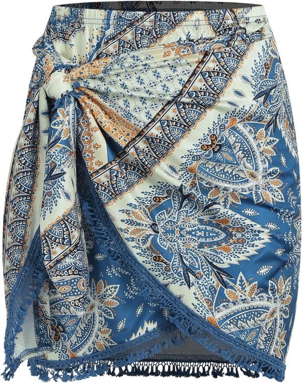 Saonta  Slit Skirt for Women Boho Print Tie Side Wrap Tassel Casual Beach Mini Skirt