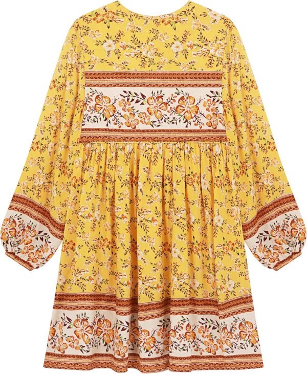 Saonta  Womens Long Sleeve Floral Casual Print Cotton Mini Tunic Dress