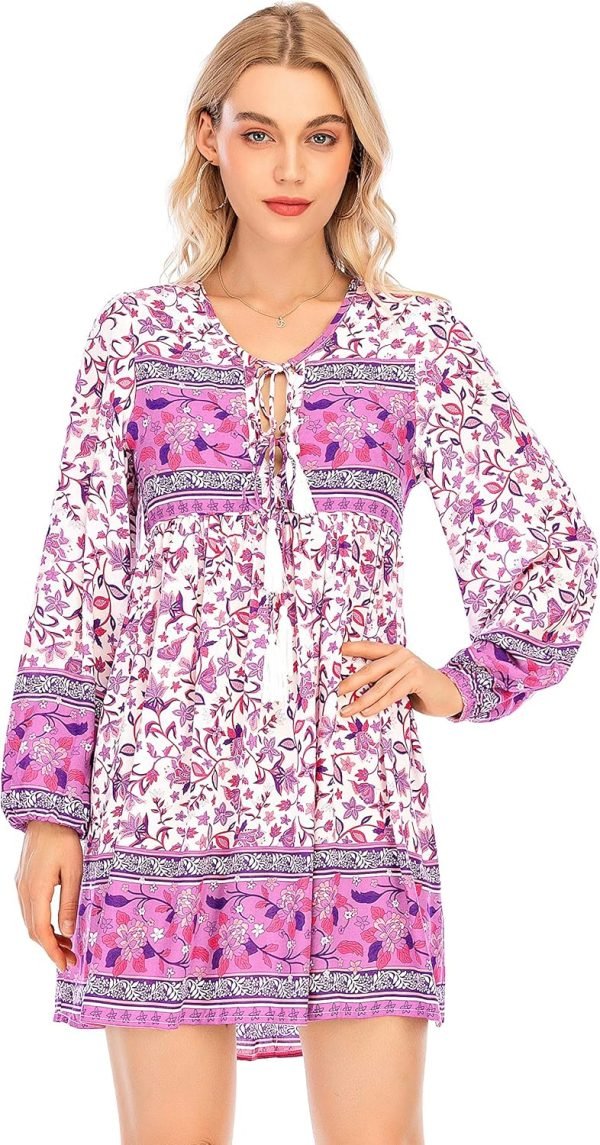 Saonta  Womens Long Sleeve Floral Casual Print Cotton Mini Tunic Dress