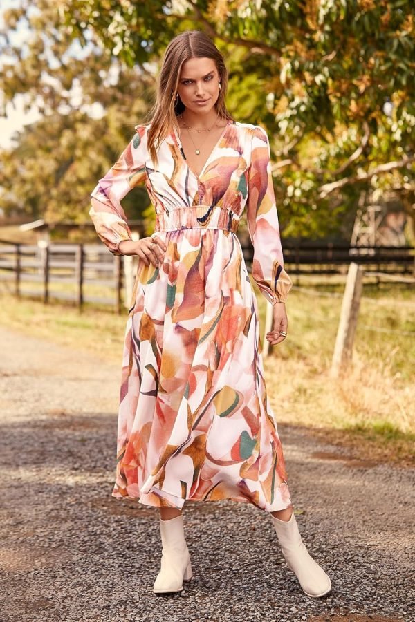 Saonta  Women's 2024 Fall Boho Maxi Dress Casual Long Sleeve V Neck Printed Beach Long Flowy Dresses