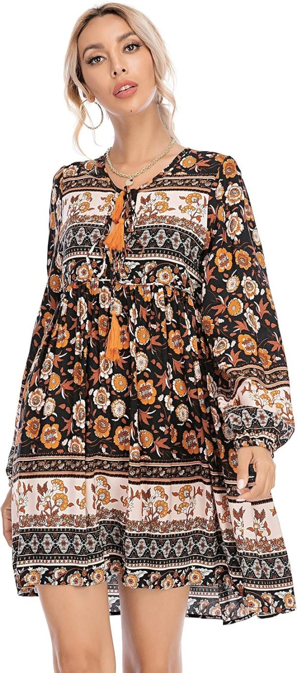 Saonta  Womens Long Sleeve Floral Casual Print Cotton Mini Tunic Dress