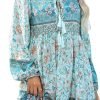 Saonta  Womens Long Sleeve Floral Casual Print Cotton Mini Tunic Dress