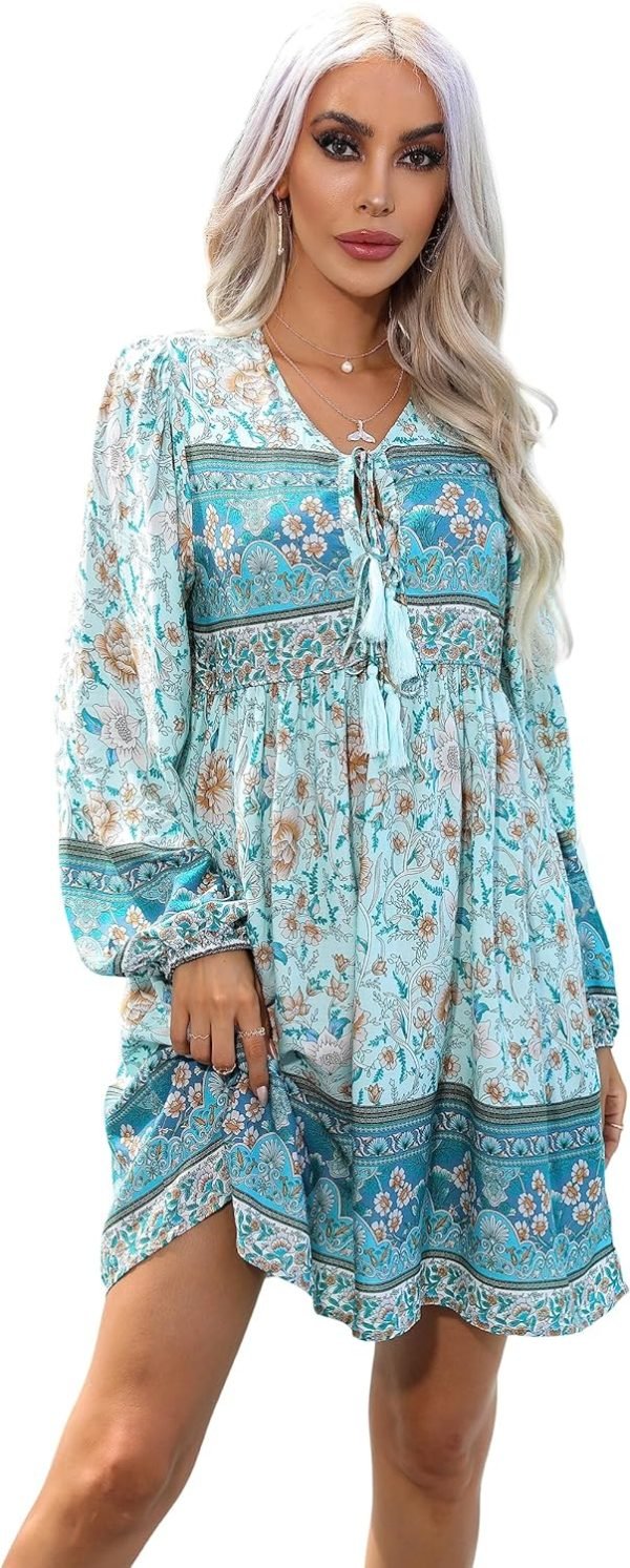 Saonta  Womens Long Sleeve Floral Casual Print Cotton Mini Tunic Dress