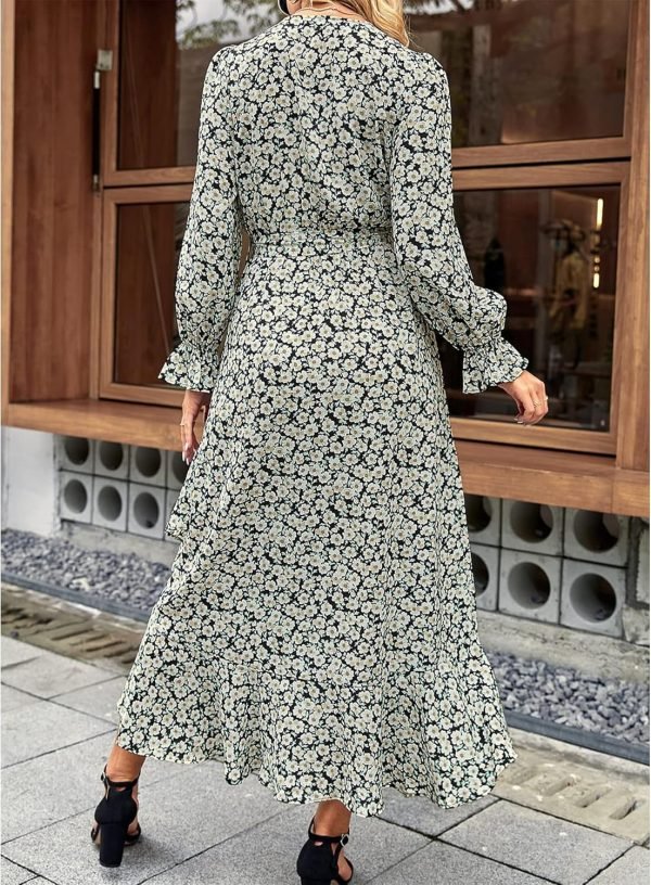 Saonta  Women Long Sleeve Wrap Maxi Dress V Neck Boho Floral High Waist Flowy Ruffle 2024 Spring Summer Dresses with Belt