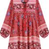 Saonta  Womens Long Sleeve Floral Casual Print Cotton Mini Tunic Dress