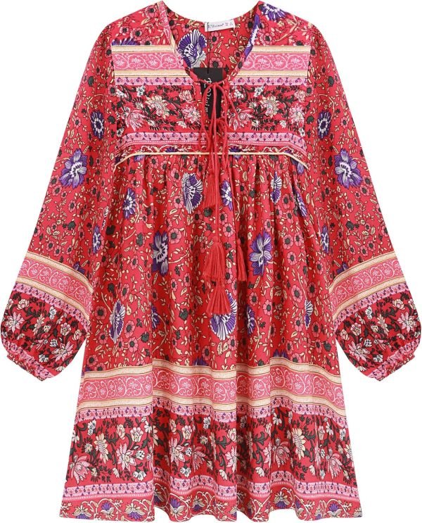 Saonta  Womens Long Sleeve Floral Casual Print Cotton Mini Tunic Dress