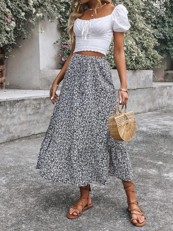 Saonta  Women's Casual High Waist Floral Print Skirt Split Thigh A Line Maxi Skirts