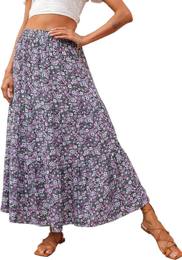 Saonta  Womens 2024 Spring Summer High Waist Boho Floral Maxi Skirt Casual Flowy Swing Pleated A Line Beach Long Skirts
