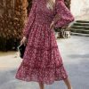 Saonta  Women 2024 Fall Dress Floral Boho Dress Casual Long Sleeve Crew Neck Ruffle A-Line Flowy Wedding Guest Maxi Dresses