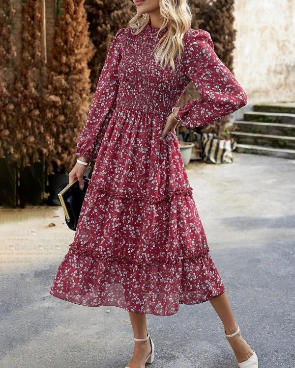 Saonta  Women 2024 Fall Dress Floral Boho Dress Casual Long Sleeve Crew Neck Ruffle A-Line Flowy Wedding Guest Maxi Dresses