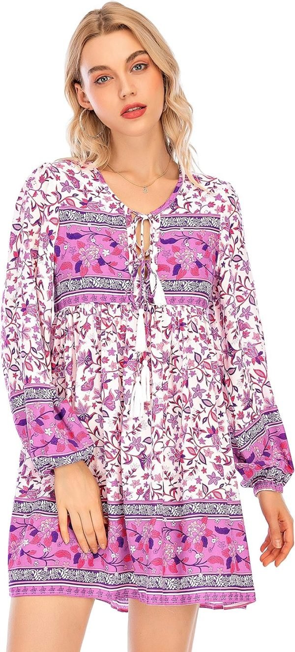 Saonta  Womens Long Sleeve Floral Casual Print Cotton Mini Tunic Dress