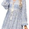 Saonta  Womens Long Sleeve Floral Casual Print Cotton Mini Tunic Dress