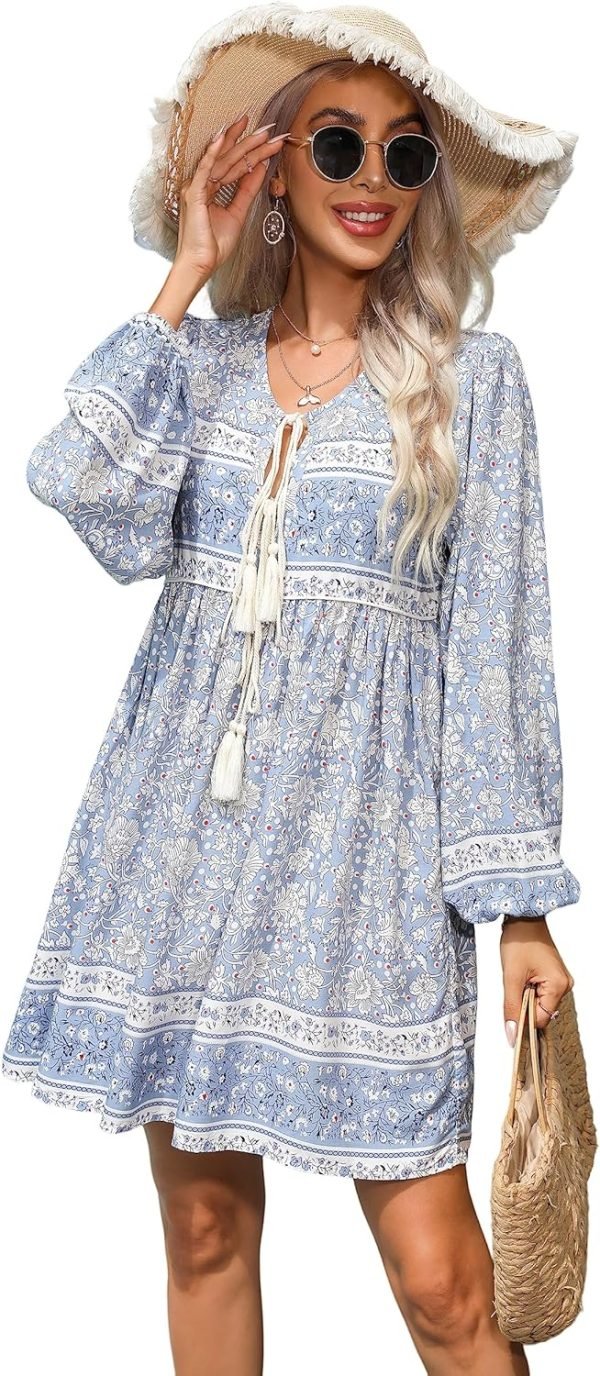 Saonta  Womens Long Sleeve Floral Casual Print Cotton Mini Tunic Dress