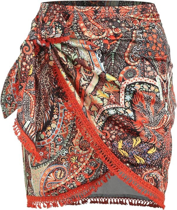 Saonta  Slit Skirt for Women Boho Print Tie Side Wrap Tassel Casual Beach Mini Skirt