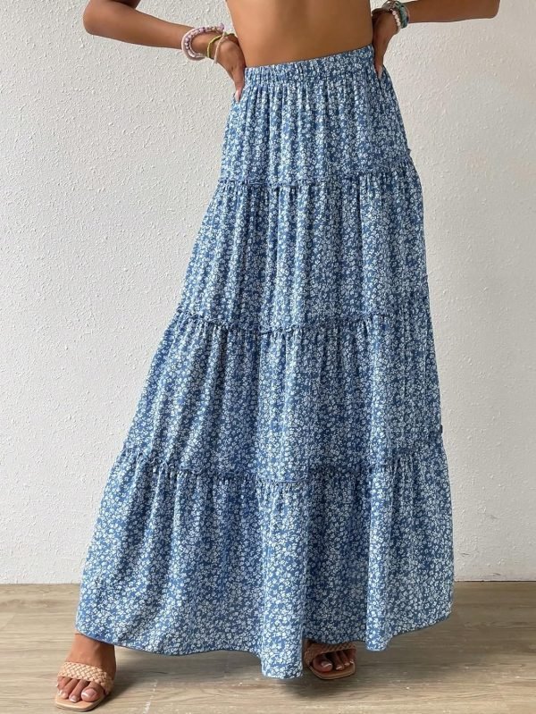 Saonta  Women's Floral Print Elastic High Waist Pleated Ruffle Flowy Long Skirts