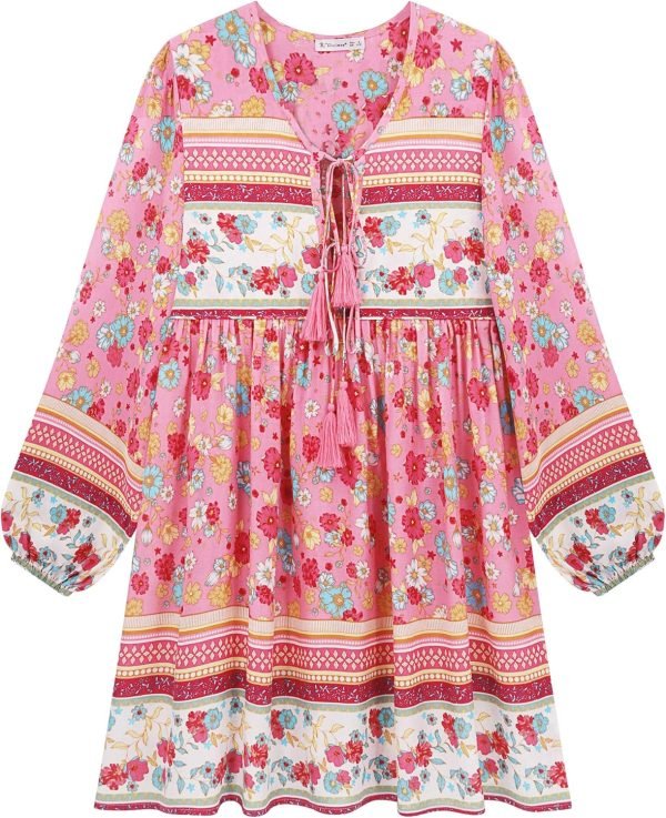 Saonta  Womens Long Sleeve Floral Casual Print Cotton Mini Tunic Dress