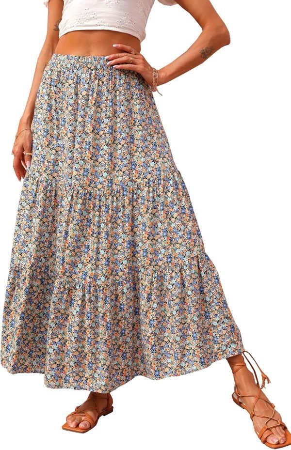 Saonta  Womens 2024 Spring Summer High Waist Boho Floral Maxi Skirt Casual Flowy Swing Pleated A Line Beach Long Skirts