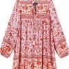 Saonta  Womens Long Sleeve Floral Casual Print Cotton Mini Tunic Dress