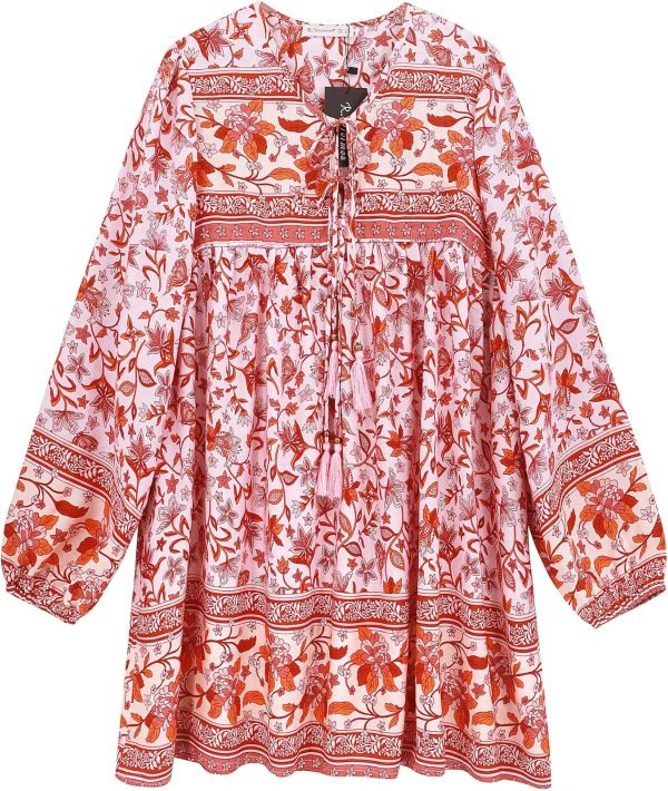 Saonta  Womens Long Sleeve Floral Casual Print Cotton Mini Tunic Dress