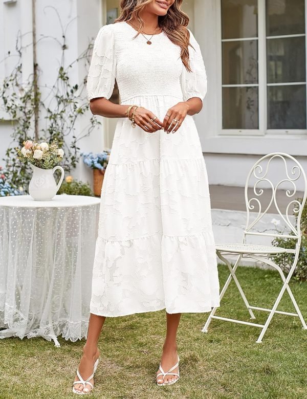 Saonta  Women's 2024 Summer Puff Sleeve Smocked Floral Dress Crewneck Lace Flowy Tiered Midi Dresses