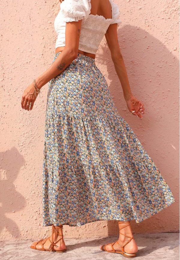Saonta  Womens 2024 Spring Summer High Waist Boho Floral Maxi Skirt Casual Flowy Swing Pleated A Line Beach Long Skirts