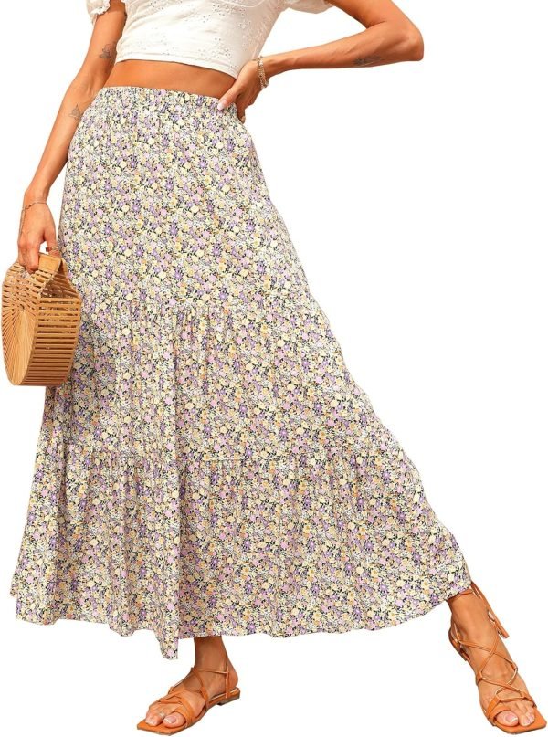 Saonta  Womens 2024 Spring Summer High Waist Boho Floral Maxi Skirt Casual Flowy Swing Pleated A Line Beach Long Skirts