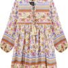 Saonta  Womens Long Sleeve Floral Casual Print Cotton Mini Tunic Dress