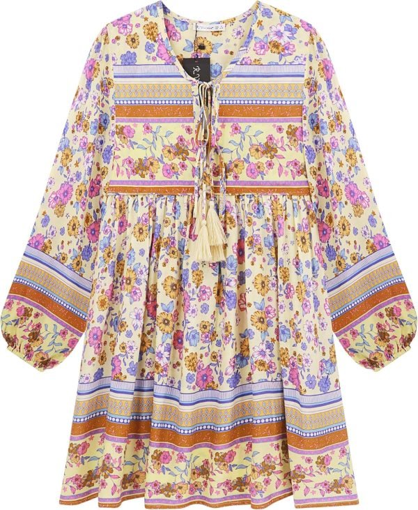 Saonta  Womens Long Sleeve Floral Casual Print Cotton Mini Tunic Dress