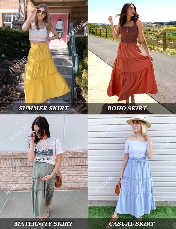 Saonta  Women's Boho Elastic High Waist A Line Ruffle Swing Beach Maxi Skirt with Pockets