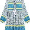 Saonta  Womens Long Sleeve Floral Casual Print Cotton Mini Tunic Dress