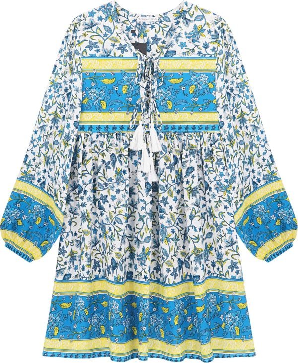 Saonta  Womens Long Sleeve Floral Casual Print Cotton Mini Tunic Dress