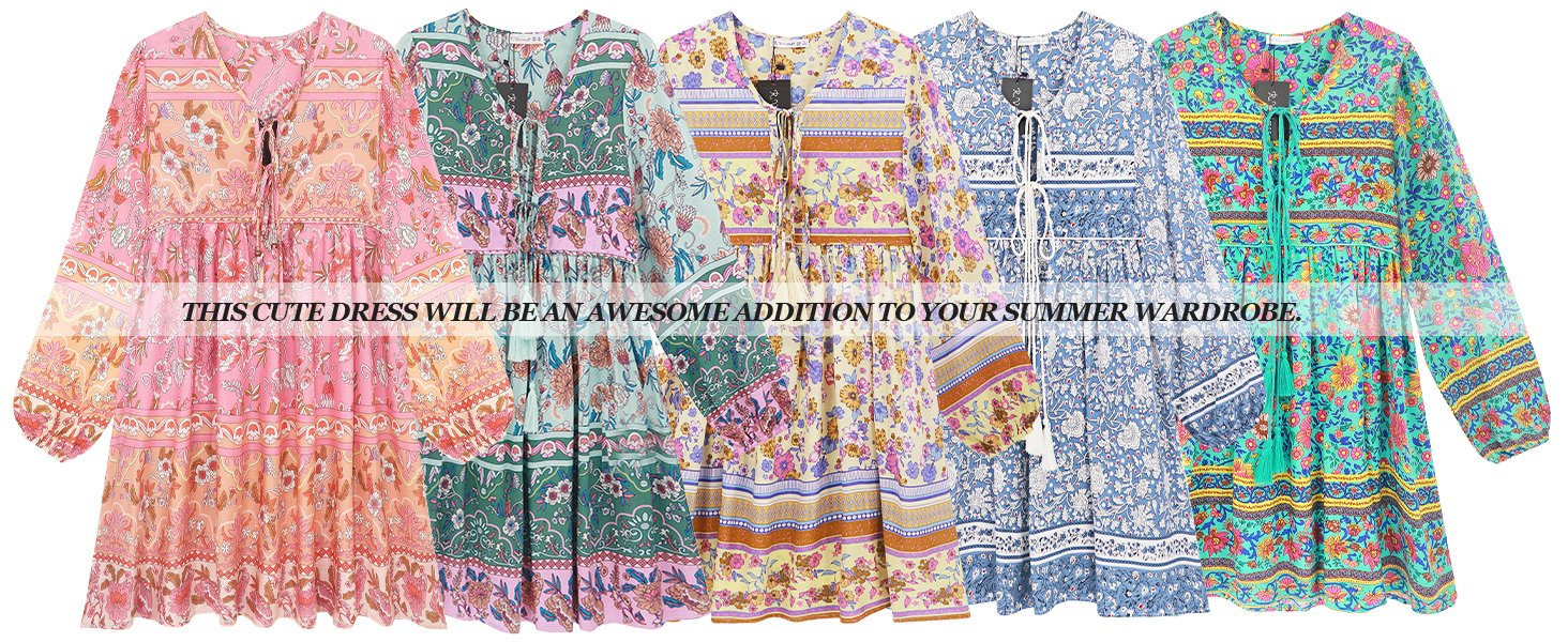 Womens Long Sleeve V Neck Boho Floral Print Casual Flowy Mini Dress