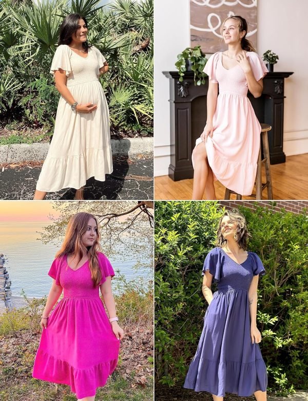 Saonta  Women's Summer Casual V Neck Ruffle Sleeve Smocked High Waist Midi Dress with Pockets