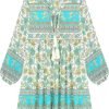 Saonta  Womens Long Sleeve Floral Casual Print Cotton Mini Tunic Dress