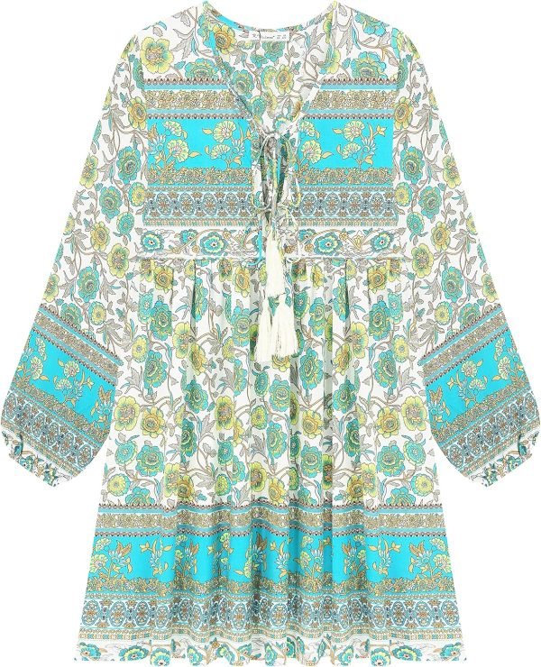 Saonta  Womens Long Sleeve Floral Casual Print Cotton Mini Tunic Dress