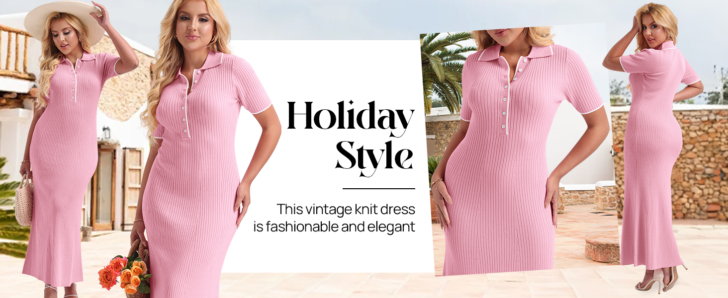 Saonta Womens V Neck Ribbed Knit Maxi Dress Button Short Sleeve Slim Fit Bodycon Sweater Dress