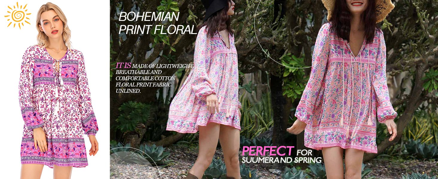 Women's Long Sleeve V Neck Boho Floral Print Casual Flowy Mini Dress