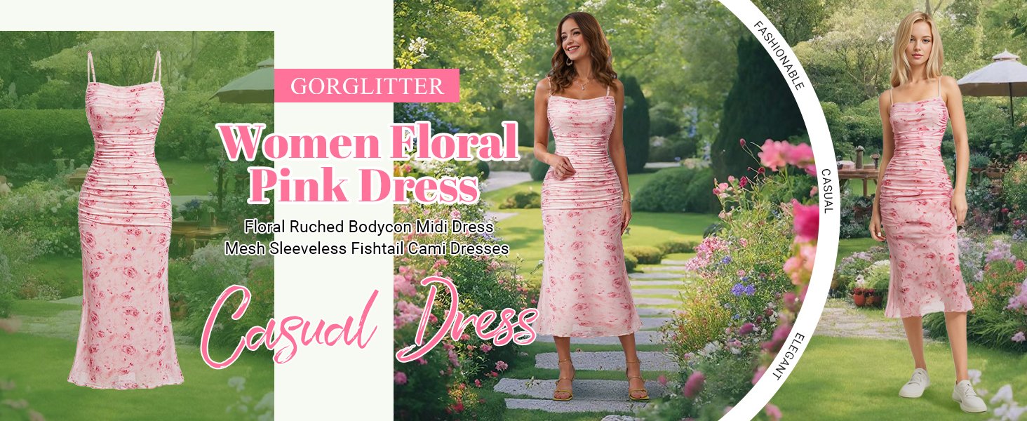 pink floral mesh ruced sleeveless fishtail bodycon midi cami dress 