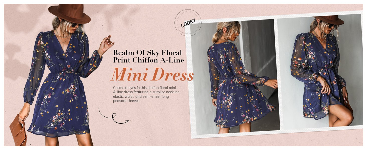 navy floral print v neck mini dress