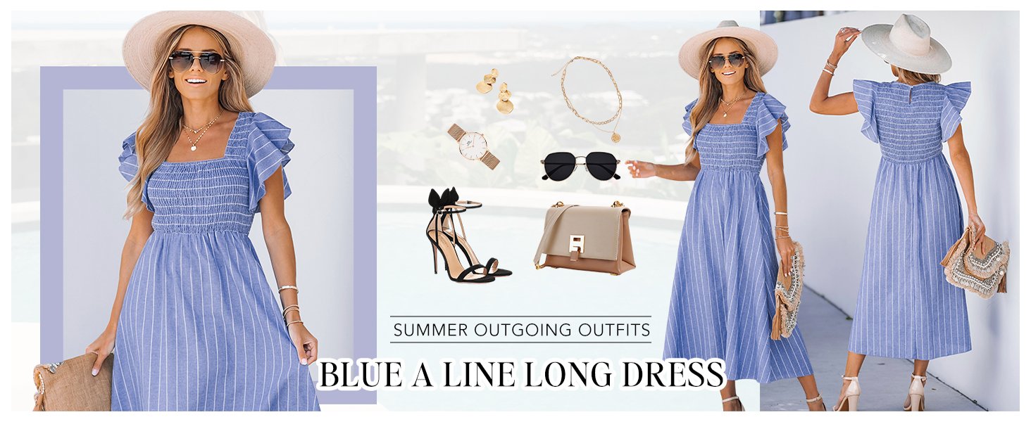 blue striped smocked short sleeve long a line dress for women