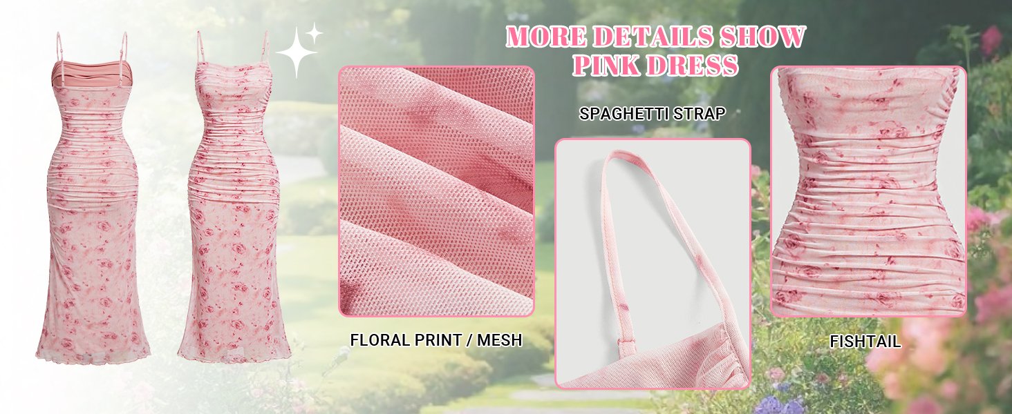 pink floral mesh ruced sleeveless fishtail bodycon midi cami dress 