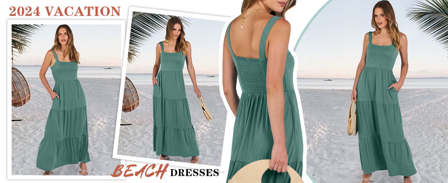 Square Neck Strap Swing Tiered Babydoll Ruffle Holiday Sundress Resort Beach Clothes with Pocket